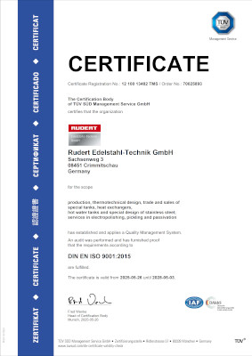 TÜV Certificate for a Quality Managment System ISO 9001:2015 RUDERT Edelstahl-Technik GmbH, The Certificate is valid until 03.05.2025.