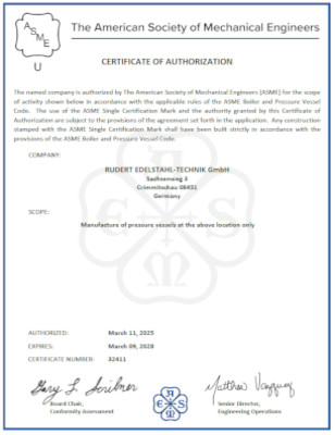 Certificate from The American Society of Mechanical Engineers, Date of Expiry: 09.03.2025.