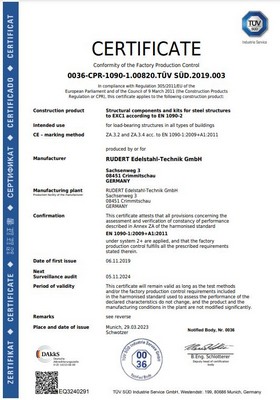TÜV Zertifikat nach EN 1090-1 für die Firma Rudert Edelstahl-Technik GmbH.
