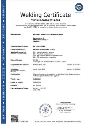 TÜV Zertifikat nach EN 1090-2 für die Firma Rudert Edelstahl-Technik GmbH.