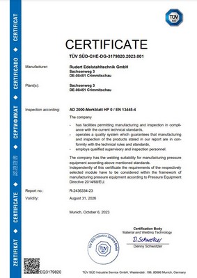 TÜV Zertifikat der Firma Rudert Edelstahl-Technik GmbH für die erfolgreiche Überprüfung nach AD 2000-Merkblatt HP 0 / EN 13445-4.