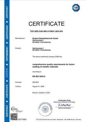 TÜV Zertifikat nach EN ISO 3834-2 für die Firma Rudert Edelstahl-Technik GmbH.