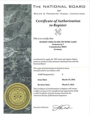 The National Board of Boiler & Pressure Vessel Inspectors, Certificate of Authorization to Register.
